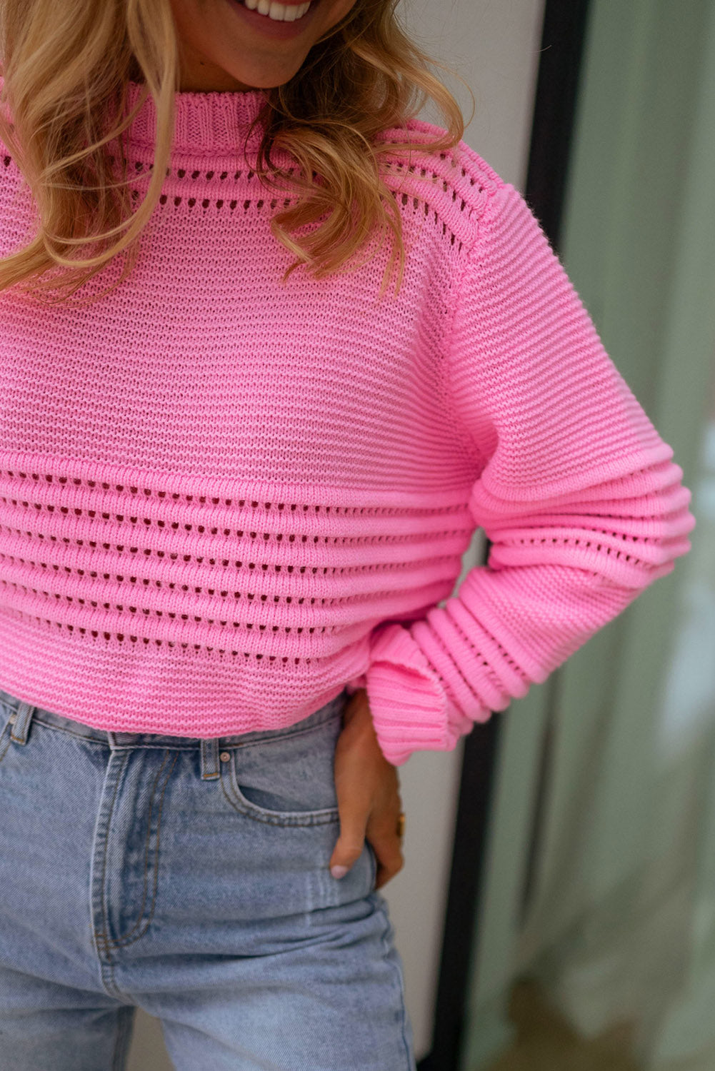 Pink Solid Color Cable Knit Eyelets Mock Neck Sweater