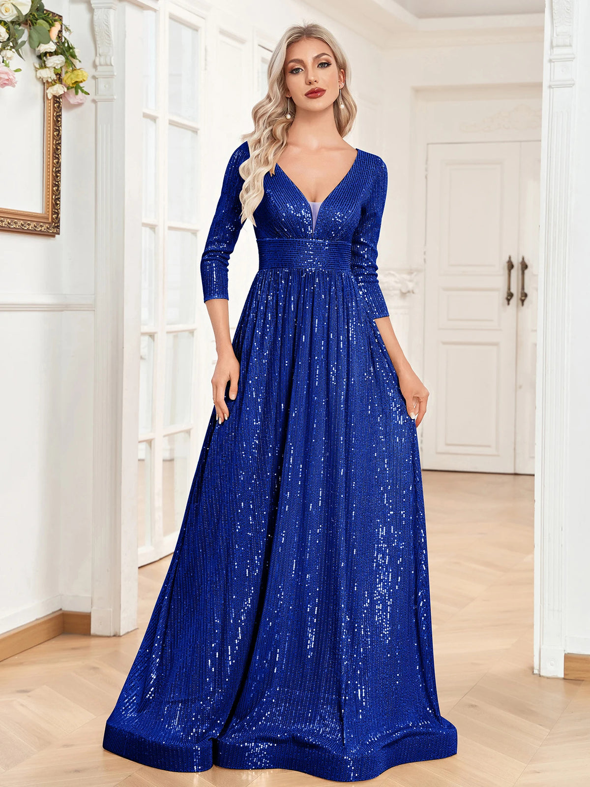 Lucyinlove Luxury V Neck Long Sleeves Blue Sequins Formal Evening Dress Women 2024 Wedding Party Prom Maxi Cocktail Dress Gowns