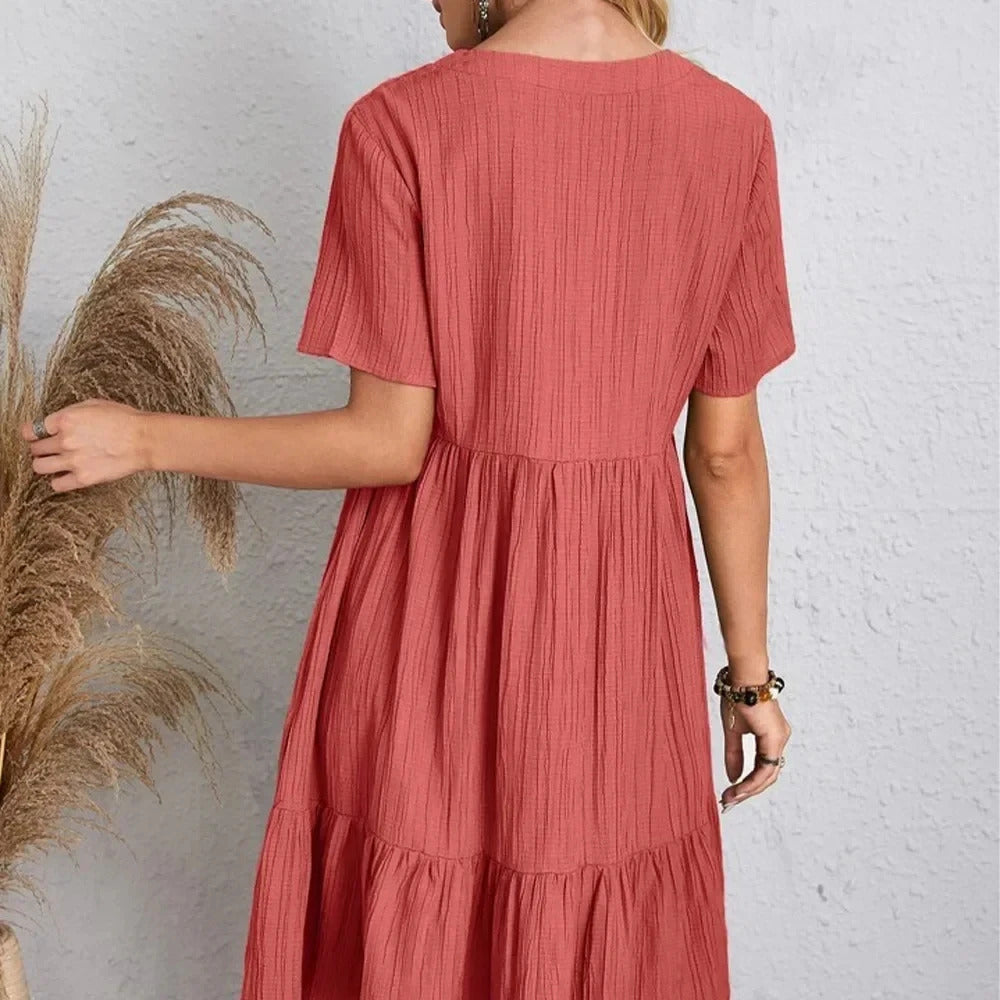 Women Summer Peplum Dresses Spring V-Neck Short Sleeve Loose Waist Ruffle Fit Flare Vocation Dresses