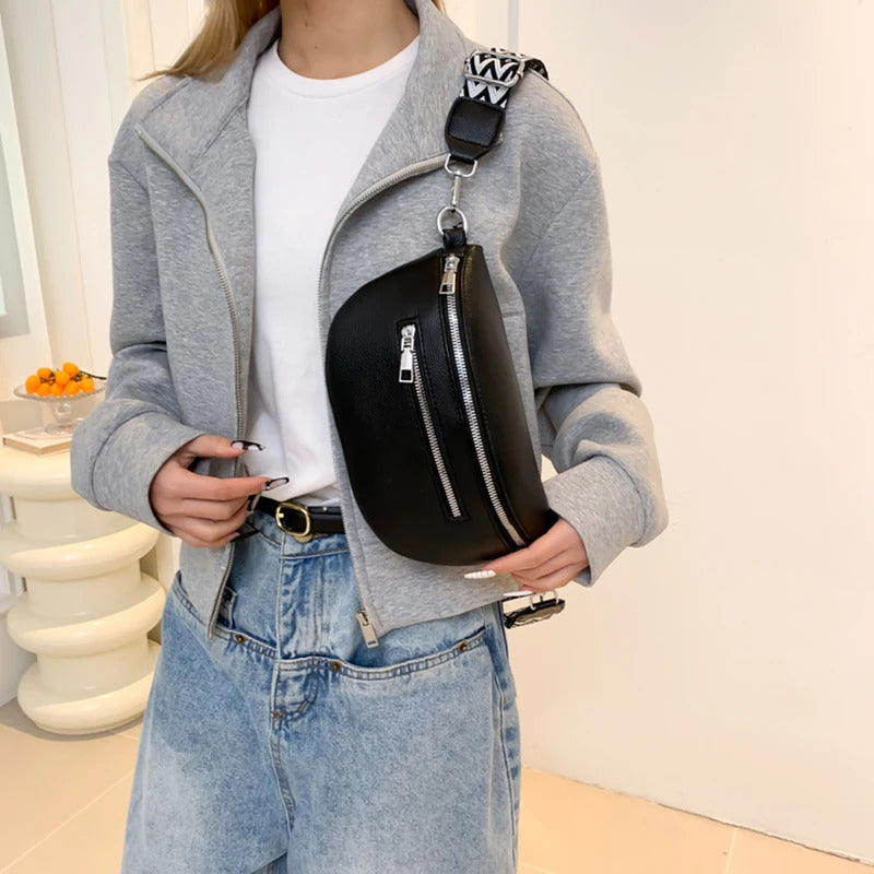 Women's Waist Bag Multi-pocket Street Fanny Pack PU Leather Chest Bag Fashion Wide Strap Crossbody Bag Retro Solid Shoulder Bags