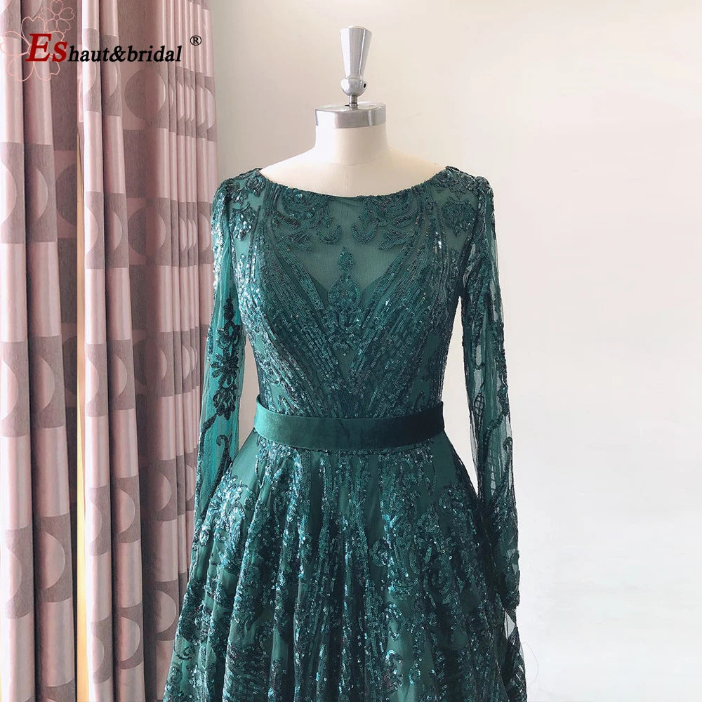 Dubai A-Line Luxury Wedding Evening Dress for Women Muslim 2024 Long Sleeves Sequin Plus Size Formal Prom Party Gown Customized