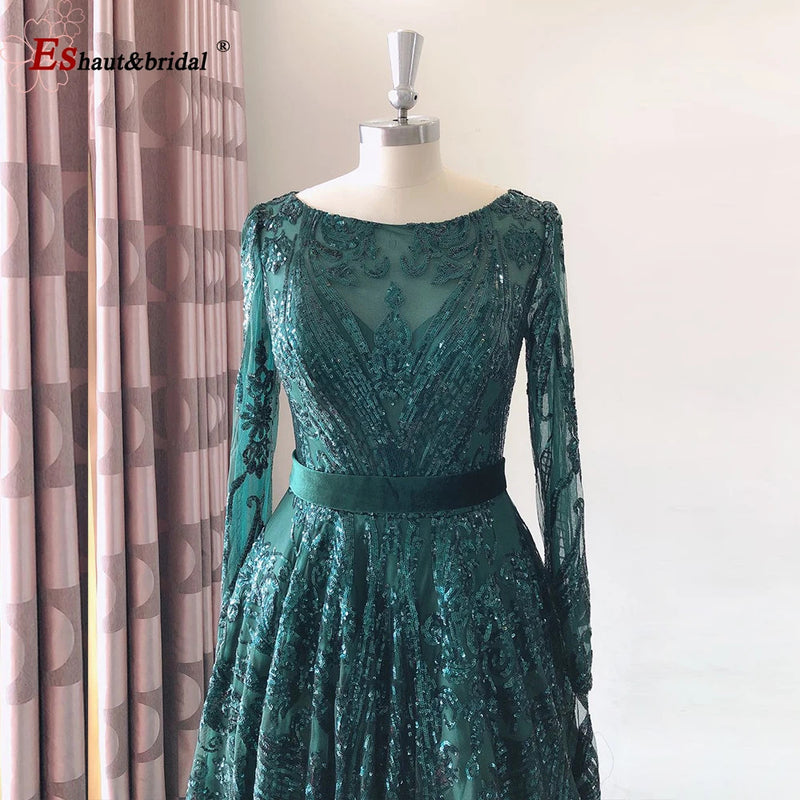 Dubai A-Line Luxury Wedding Evening Dress for Women Muslim 2024 Long Sleeves Sequin Plus Size Formal Prom Party Gown Customized