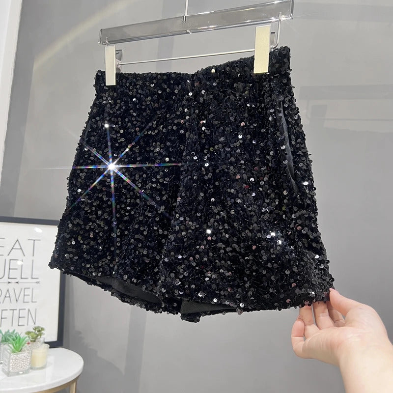 Europe and America Sequined Black Shorts Slim Suede Embroidered Beads Grey Casual Pants Women's Hot Pants