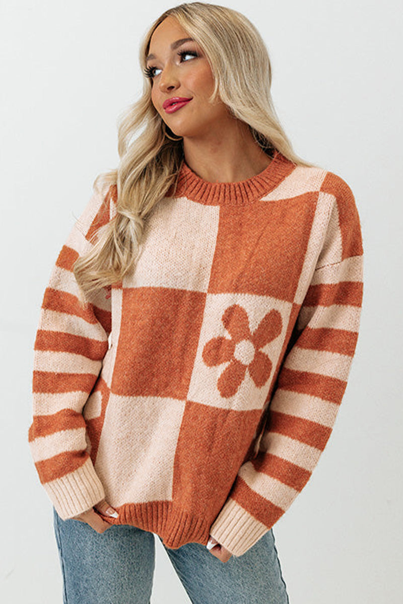 Orchid Petal Checkered Floral Print Striped Sleeve Sweater