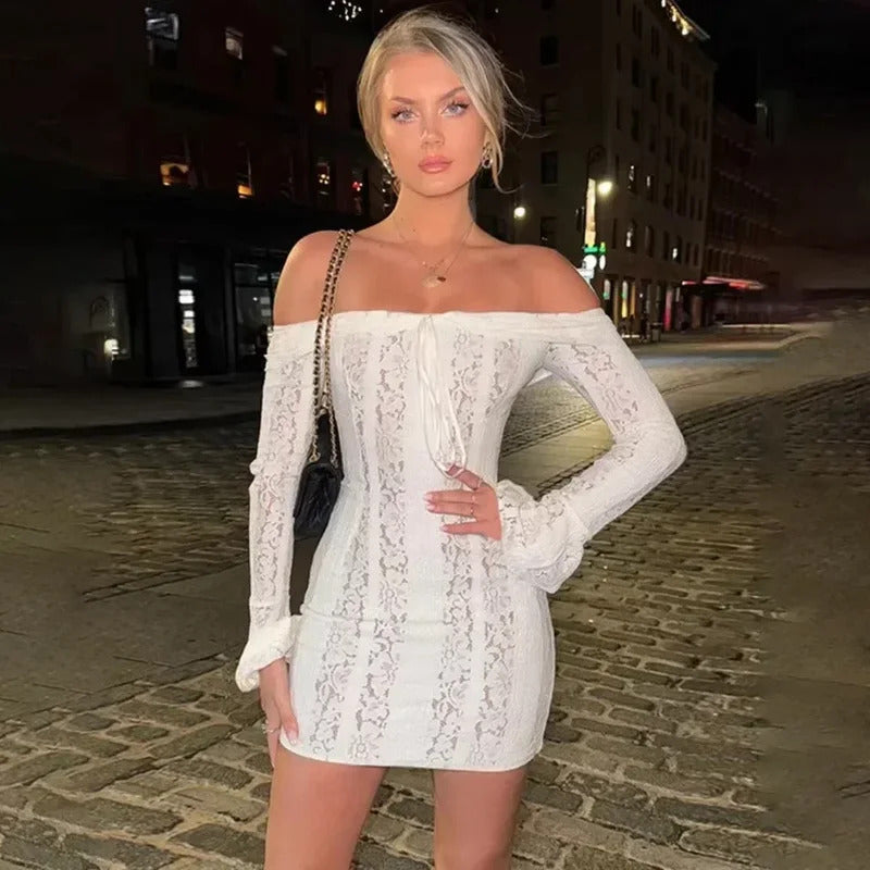 Suninheart White Off The Shoulder Bodycon Dress 2024 New in Flare Sleeve Elegant Lace Maxi Dress Wedding Guest Dress for Women