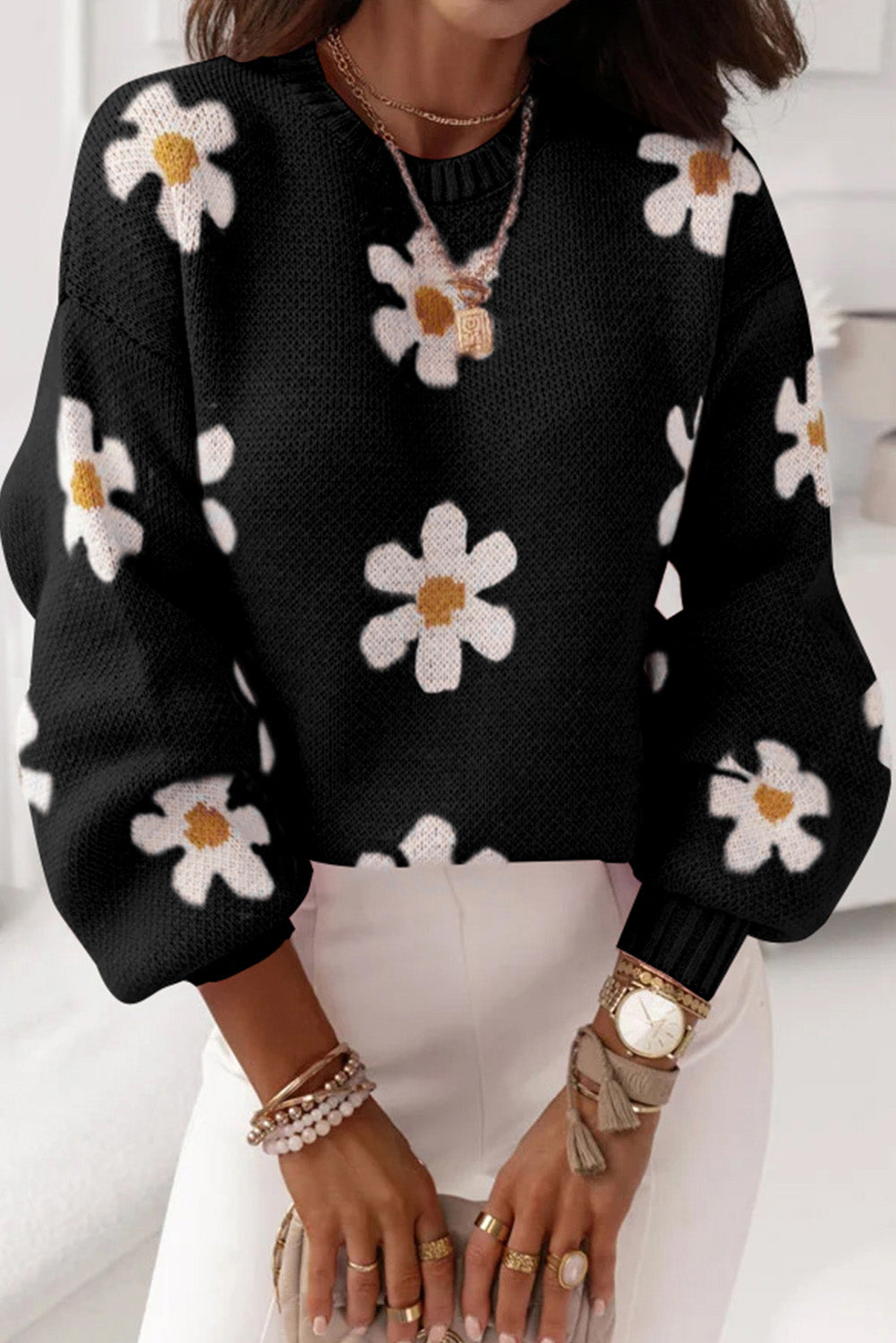 Pale Khaki Pink Floral Pattern Drop Shoulder Sweater