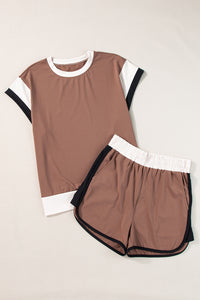 Dark Green Contrast Trim Cap Sleeve Tee Shorts Set