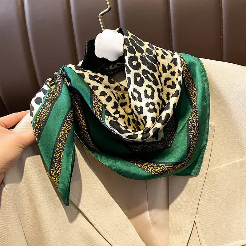 Fashionable 70*70cm Leopard Print Scarf For Women Spring/summer Soft Satin Borders Square Bandana Sun Protection Shawls