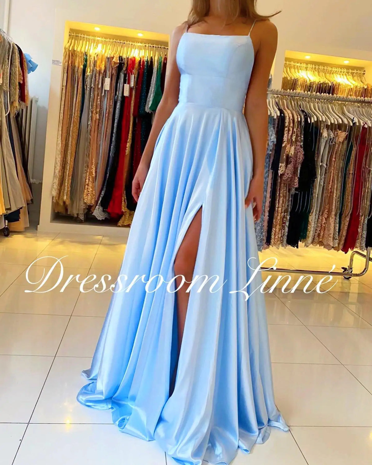 FATAPAESE Prom Dress Spandex satin Slit Side Dress A-LINE Scoop Stretch Slip Satin High Split Long Simple Evening Party