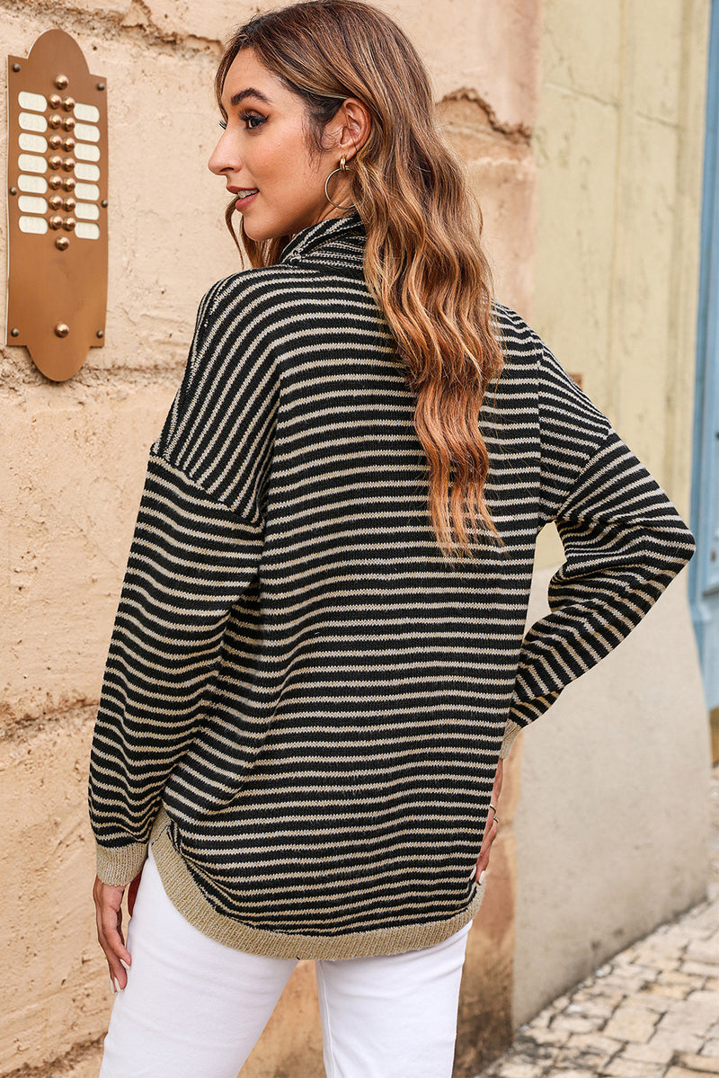 Khaki Striped Turtleneck Loose Sweater