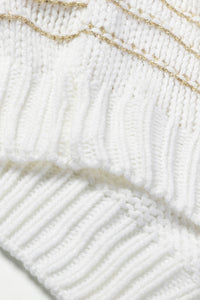 White Striped Knit Puff Sleeve Casual Sweater