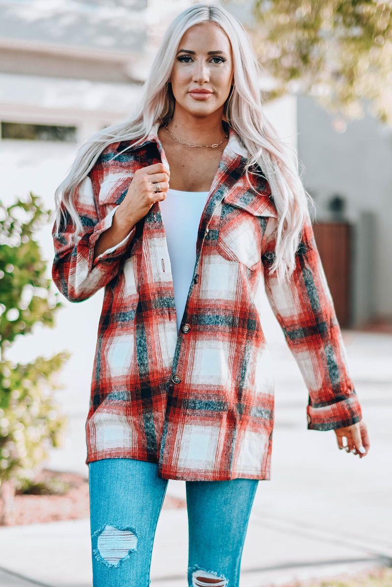 Fiery Red Turn down Neck Plaid Pocket Button Closure Coat