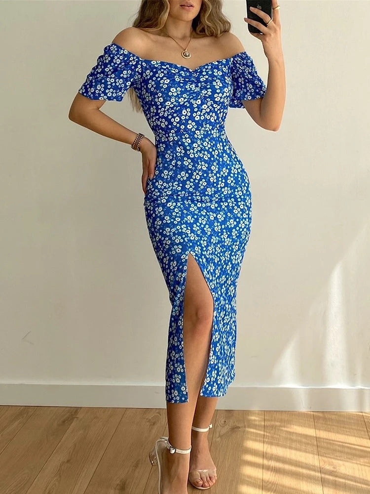 Sexy Floral Print Short Sleeve Hip Wrap Party Dress Elegant Off Shoulder Backless Dress New Summer Waist Slit Boho Long Dresses