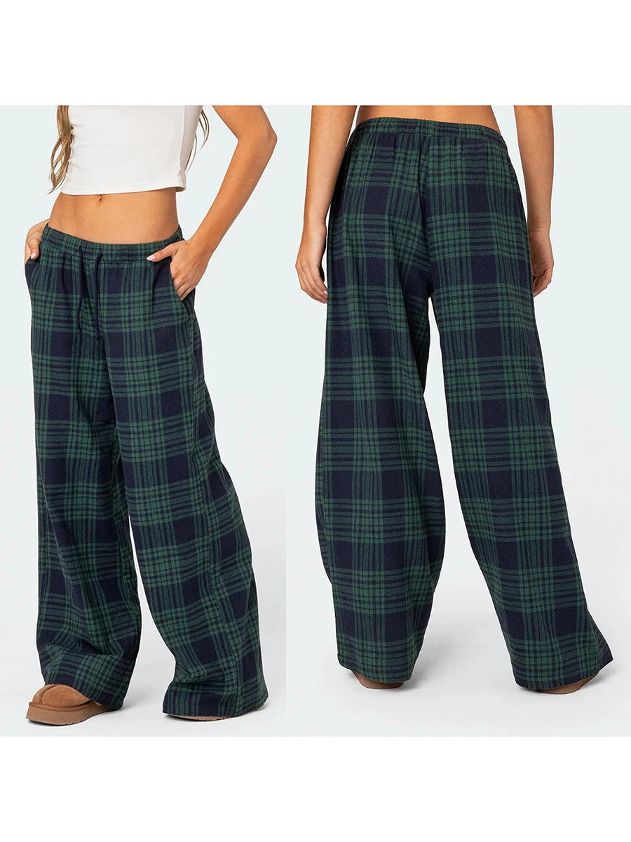 Women Y2k Oversize Pants Lounge Bottoms Fashion Plaid Casual Pants Elastic High Waist Casual Pockets Pajama Pants Homewear