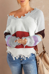 Gray Colorblock Distressed Sweater