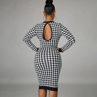 Houndstooth Print Women Long Sleeve Midi Dress Hollow Out Bodycon Sexy Streetwear 2022 Autumn Winter Club Elegant Slim