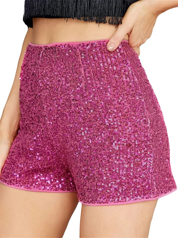 Women Sequin Shorts Elastic High Waist Sparkly Glitter Straight Short Pants Sexy Club Hot Pants Summer Streetwear