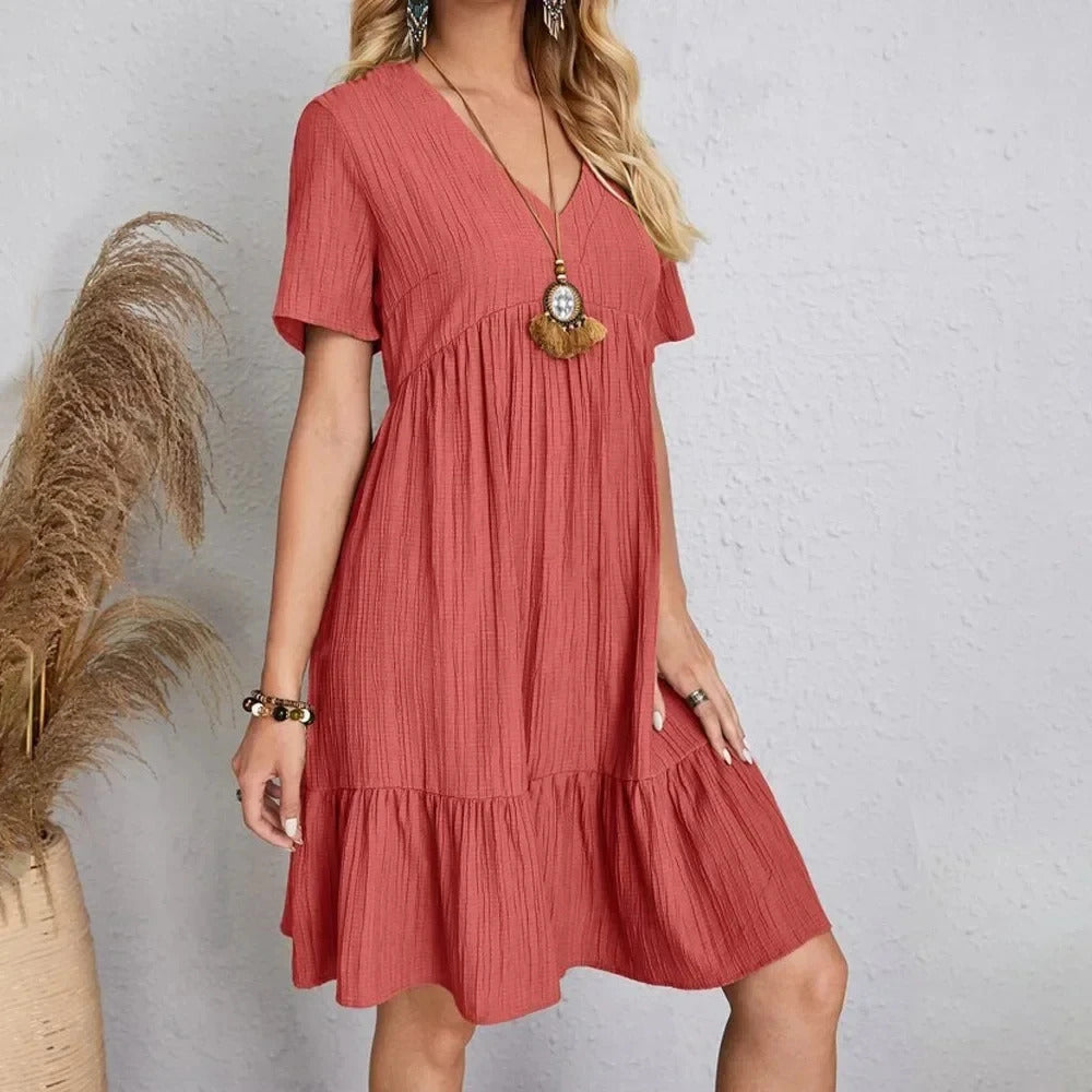 Women Summer Peplum Dresses Spring V-Neck Short Sleeve Loose Waist Ruffle Fit Flare Vocation Dresses