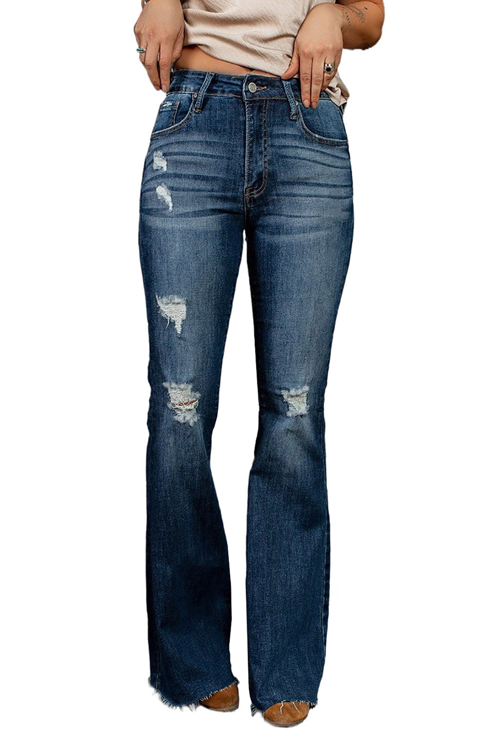 Sky Blue Dark Wash Mid Rise Flare Jeans