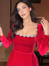 Solid Square Collar Long Sleeve Velvet Gown Elegant High Waist A-line Beaded Dresses New Lady Christmas Evening Party Vestidos ﻿