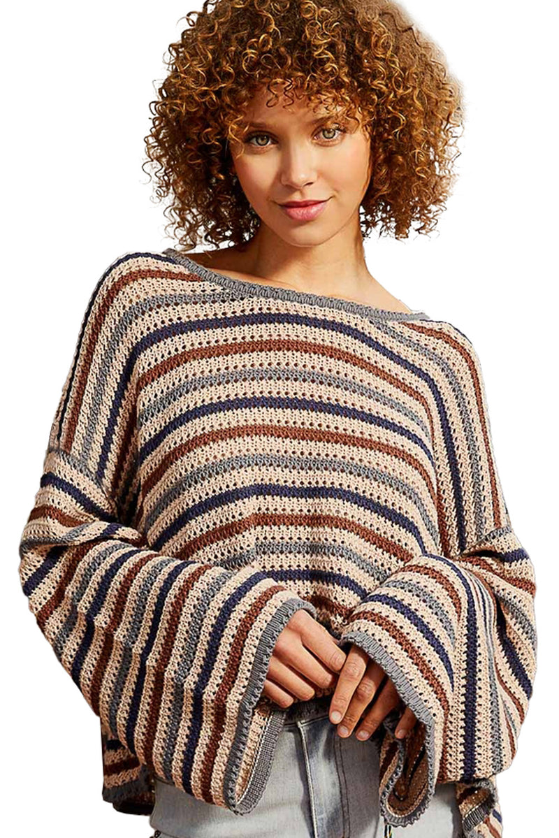 Gray Stripe Pattern Drop Shoulder Loose Fit Sweater