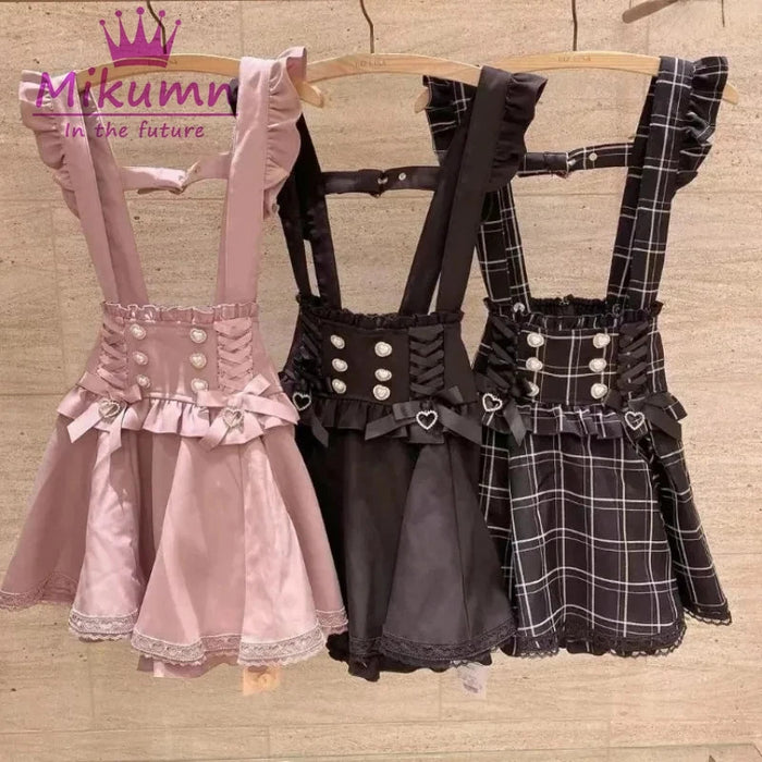 Mikumn Gothic Lolita Retro Bow Pearl Buckle Ruffles Suspender Skirts Y2k Japanese Girls Sweet Kawaii Lace A-Line Mini Skirts