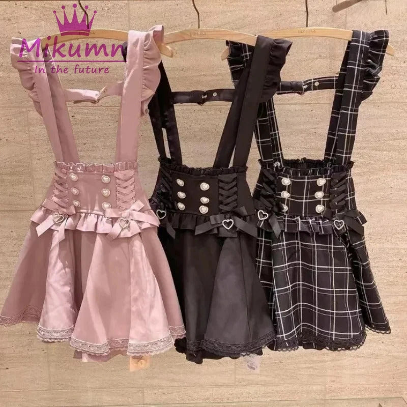 Mikumn Gothic Lolita Retro Bow Pearl Buckle Ruffles Suspender Skirts Y2k Japanese Girls Sweet Kawaii Lace A-Line Mini Skirts