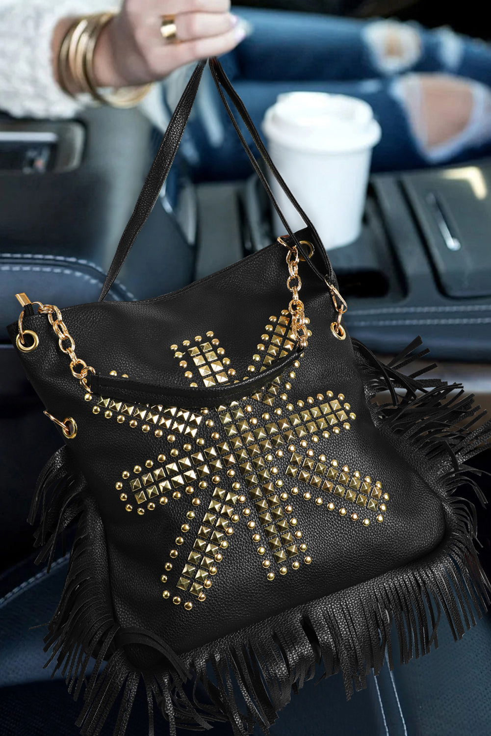 Black PU Leather Rivet Fringed Large One Shoulder Bag