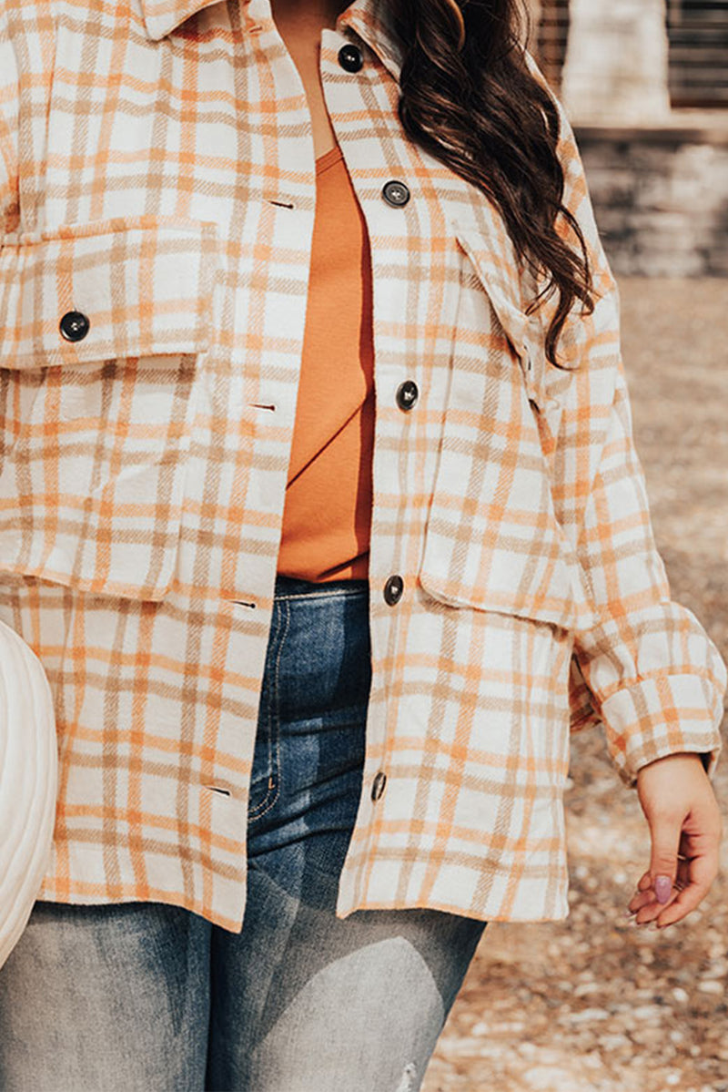 Khaki Plus Size Plaid Jacket with Flap Pockets