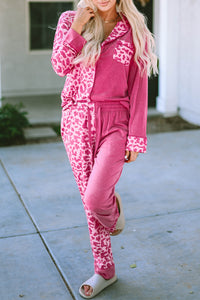 Rose Leopard Contrast Pocket Long Pajama Set