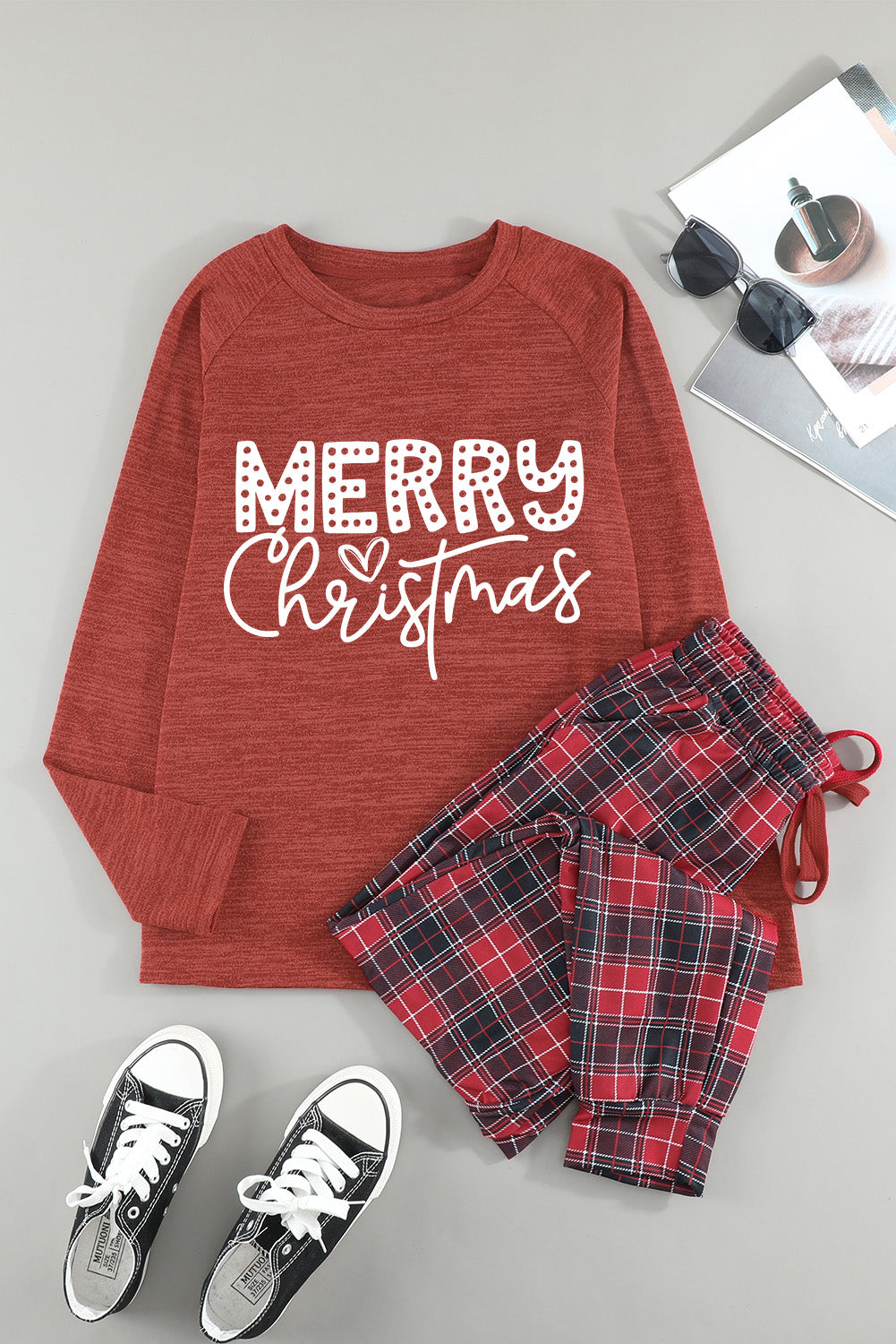 Fiery Red MERRY Christmas Graphic Top Plaid Pants Set