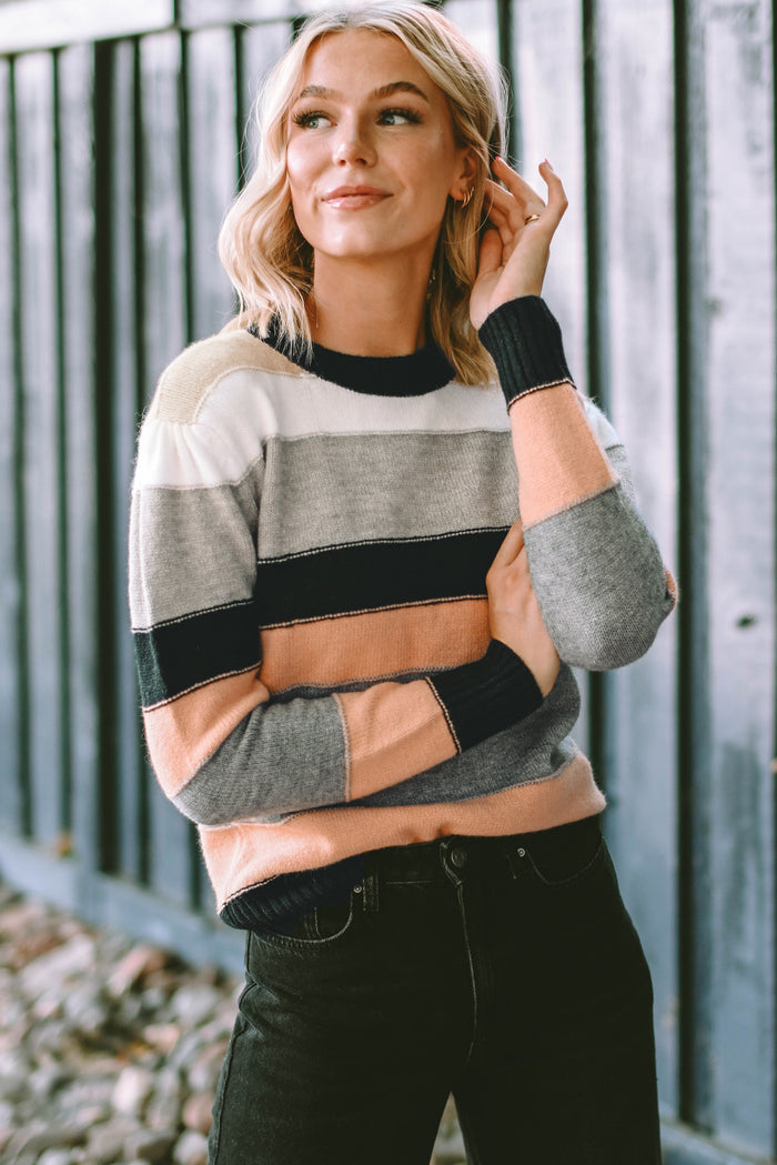 Gray Striped Color Block Casual Sweater