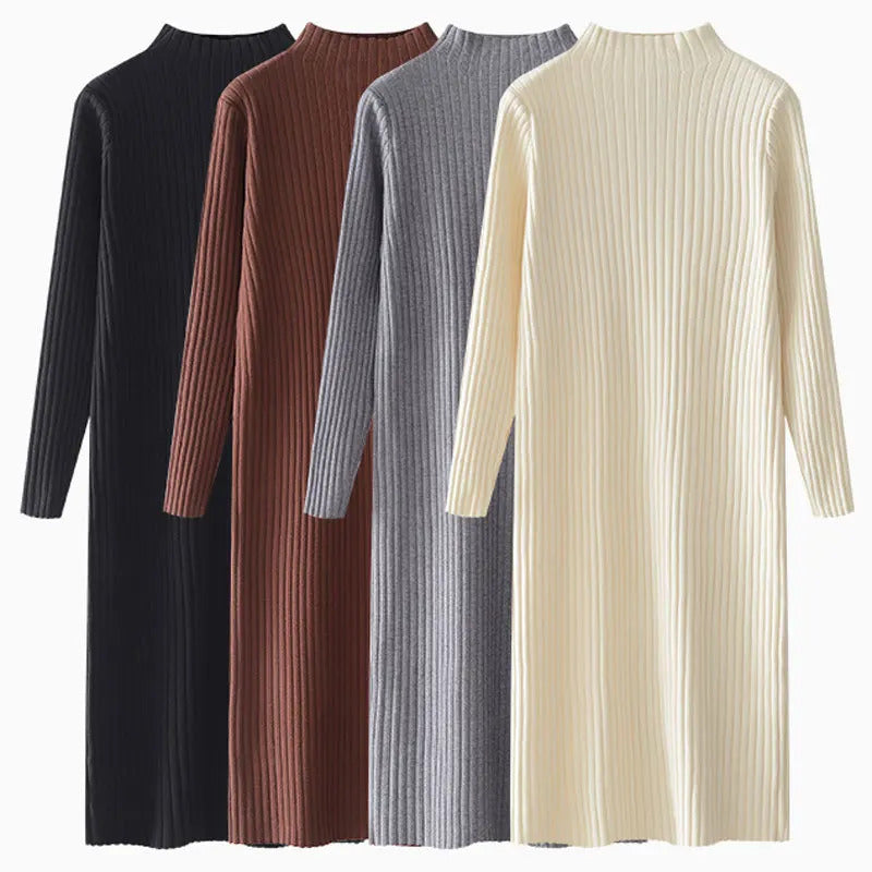 ABRINI Women Fall Versatile Mock Neck Knit Dress New Winter Inner Layer Long Sleeved Dress Casual Loose Mid-Length Sweater Dress