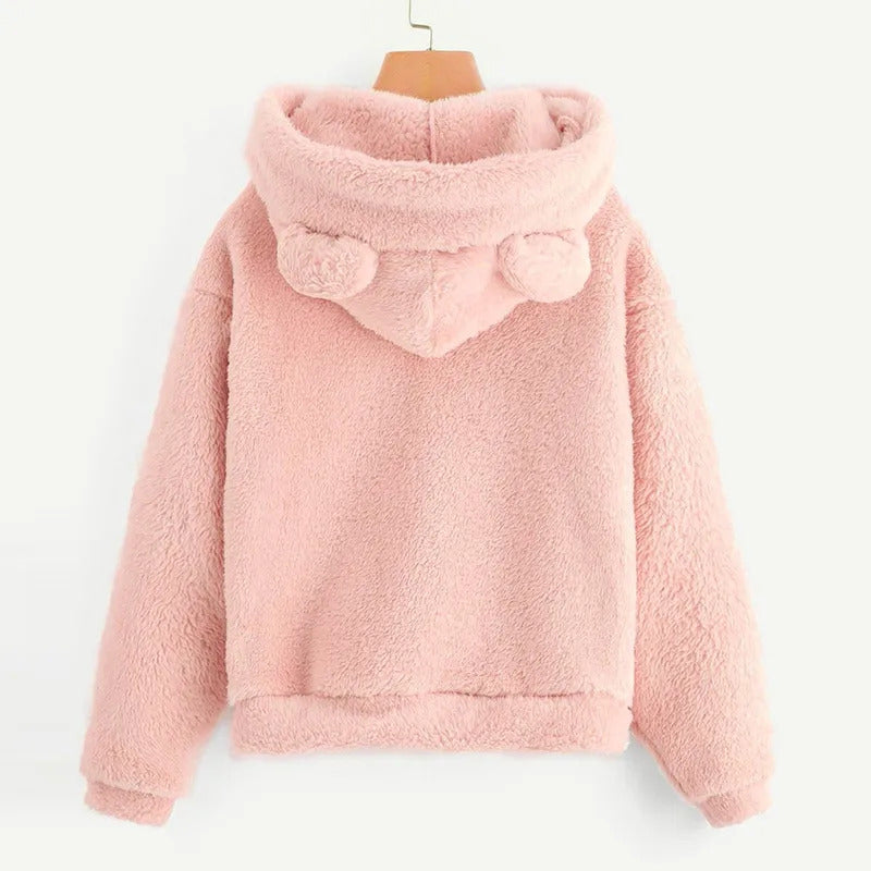 Women's Pullover Long Sleeve Fleece Sweatshirt Warm Bear Shape Fuzzy Hoodie Sweater Pullover