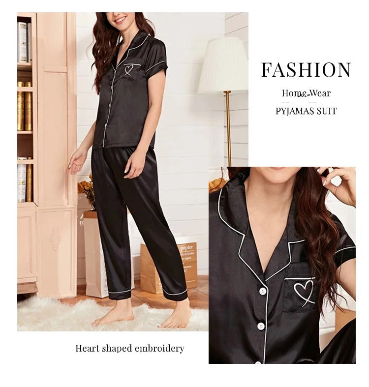 Women's Pajama Pocket Heart Embroidered Pajama Set Satin Comfortable Short Sleeve Button Pajama Lounge Pant For Women Sleepwear