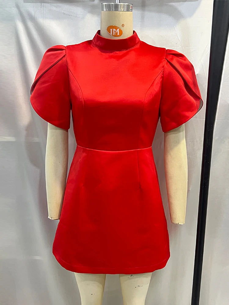 Women Red Bow Mini Dress Short Sleeve Fashion Pad Shoulder Dresses  Backless Hollow Out Ladies Summer Chic A-line Party Vestidos