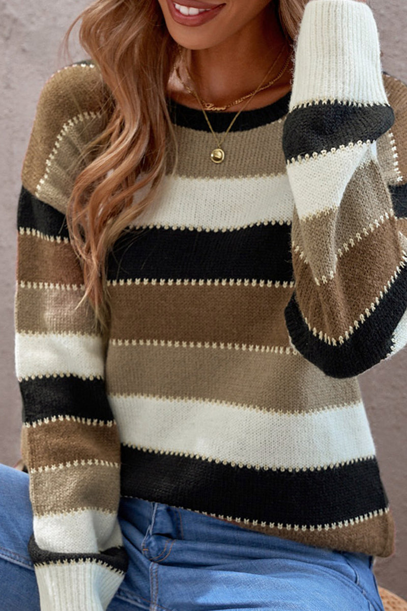 Brown Drop-Shoulder Sleeve Striped Patchwork Pullover Sweater