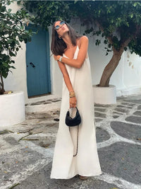 Elegant White V-neck Slit Maxi Dress For Women Fashion Backless Sleeveless Sling Dresses 2024 Summer Female Beach Vacation Robes