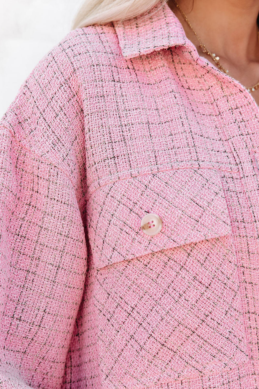 Pink Plaid Tweed Button Up Shacket