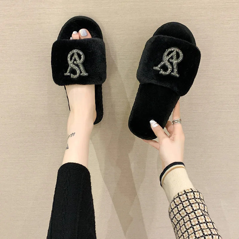 Female Home Cotton Slippers Women Autumn Winter Hairy Warm Footwear Fashion Letter Rhinestones Sandals Woman Casual Flat Shoes