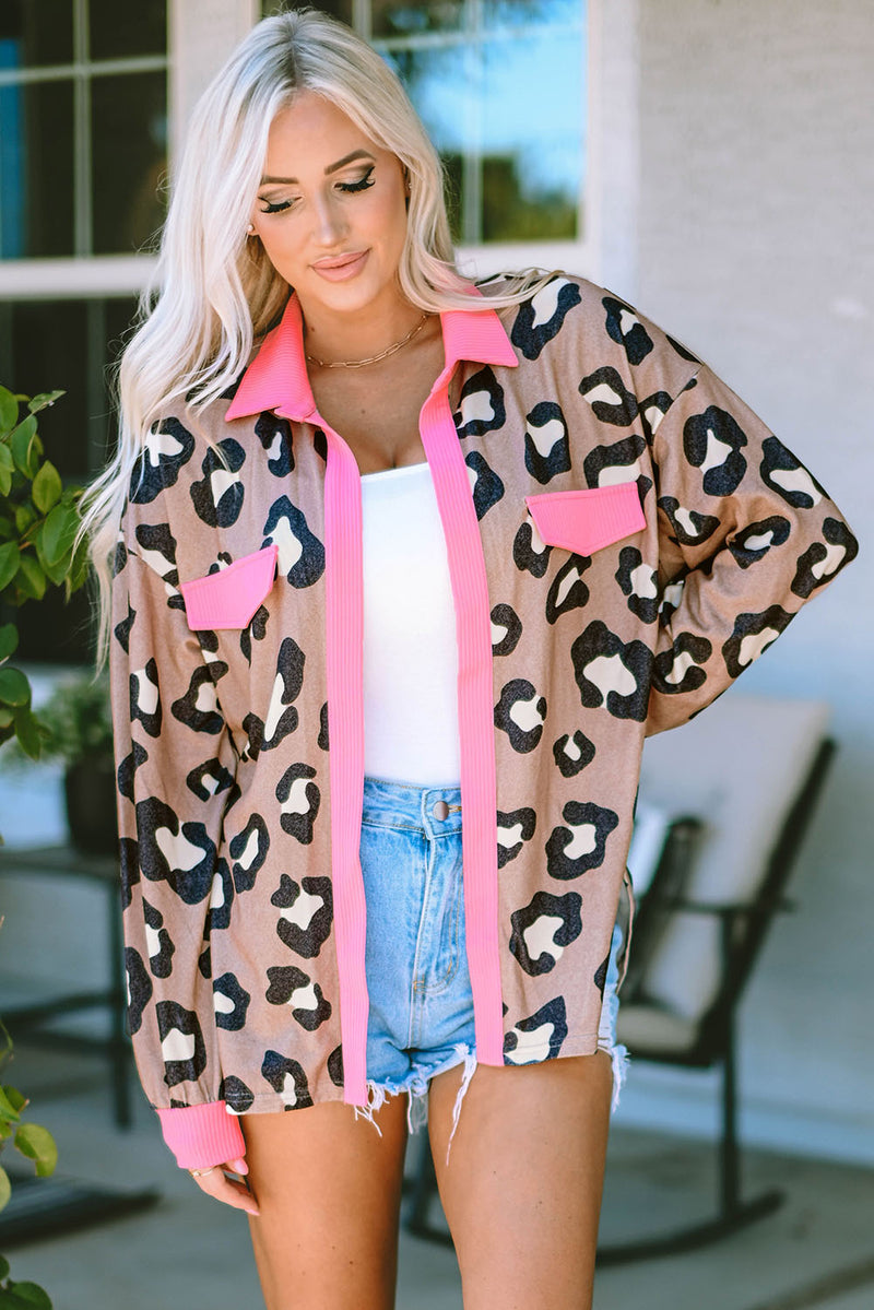 Leopard Ribbed Contrasting Trim Collared Jacket