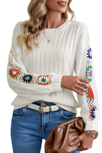 White Floral Crochet Sleeve Ribbed Knit Sweater