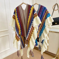 Women Ethnic Style Poncho Capes Ladies Fashion Stripe Colorful Knit Oversized Poncho Wrap Fringed Shawl Bohemian