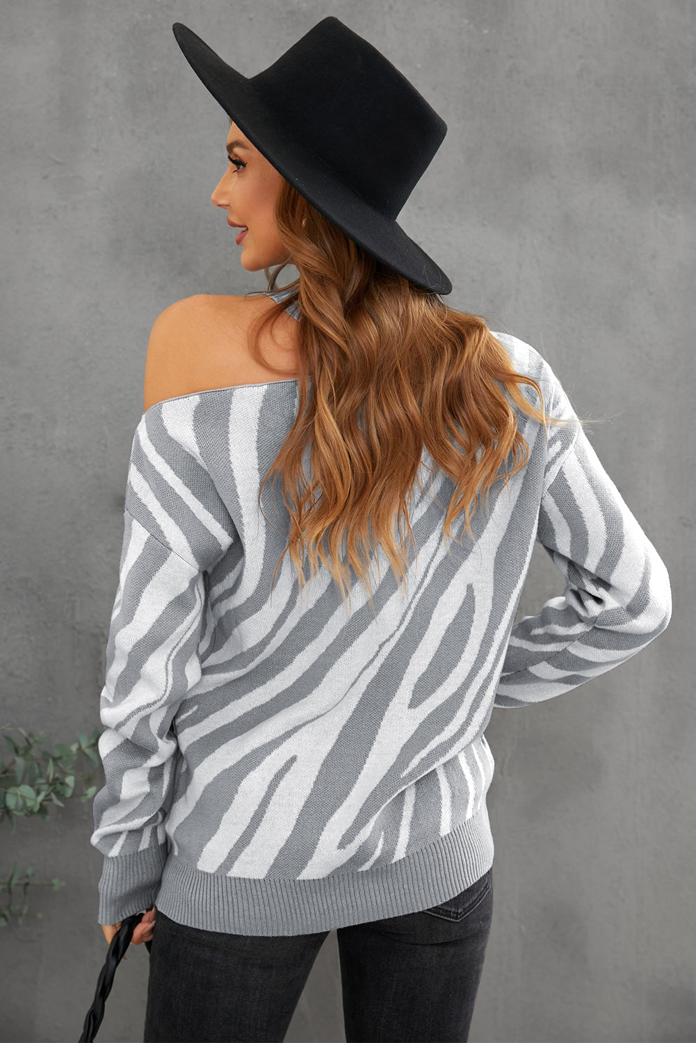 Gray Zebra Print Mock Neck Cold Shoulder Sweater