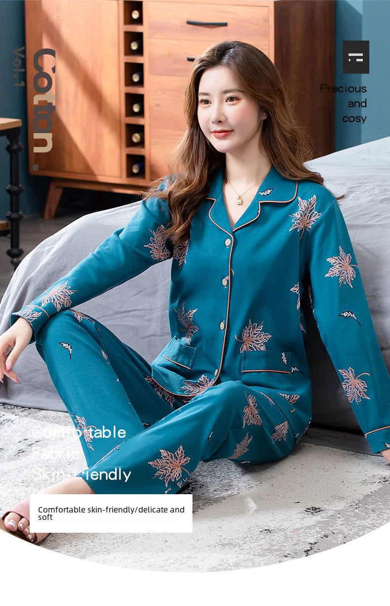 100% Cotton Long Sleeve Cardigan Pajama Set For Middle-aged Elderly Women Autumn Outer Wear Homewear