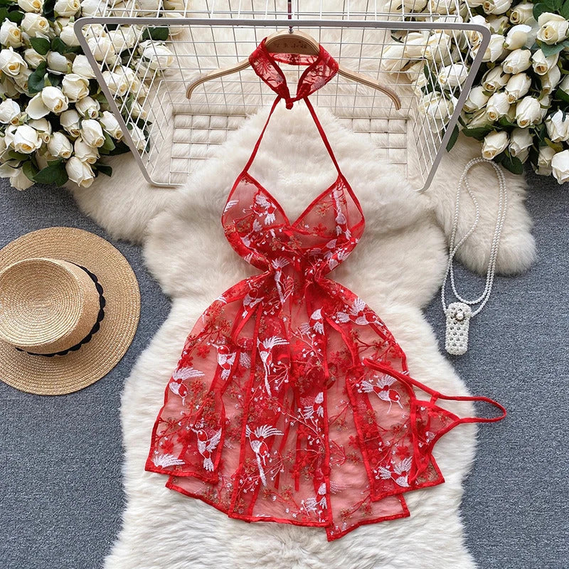 Strap Bow Hot Women Nightwear Mesh Sexy Night Dress Thin Tansparent Lace Pajamas Dress+Thong 2024 Lady Romantic Backless Nightie