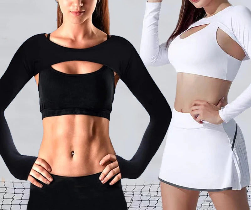 Ultra-thin Sexy Women Long Sleeve Arm Sleeves Gym Workout Crop Top Open Front Workout Cropped Shirts For Fitness Sports Shrug