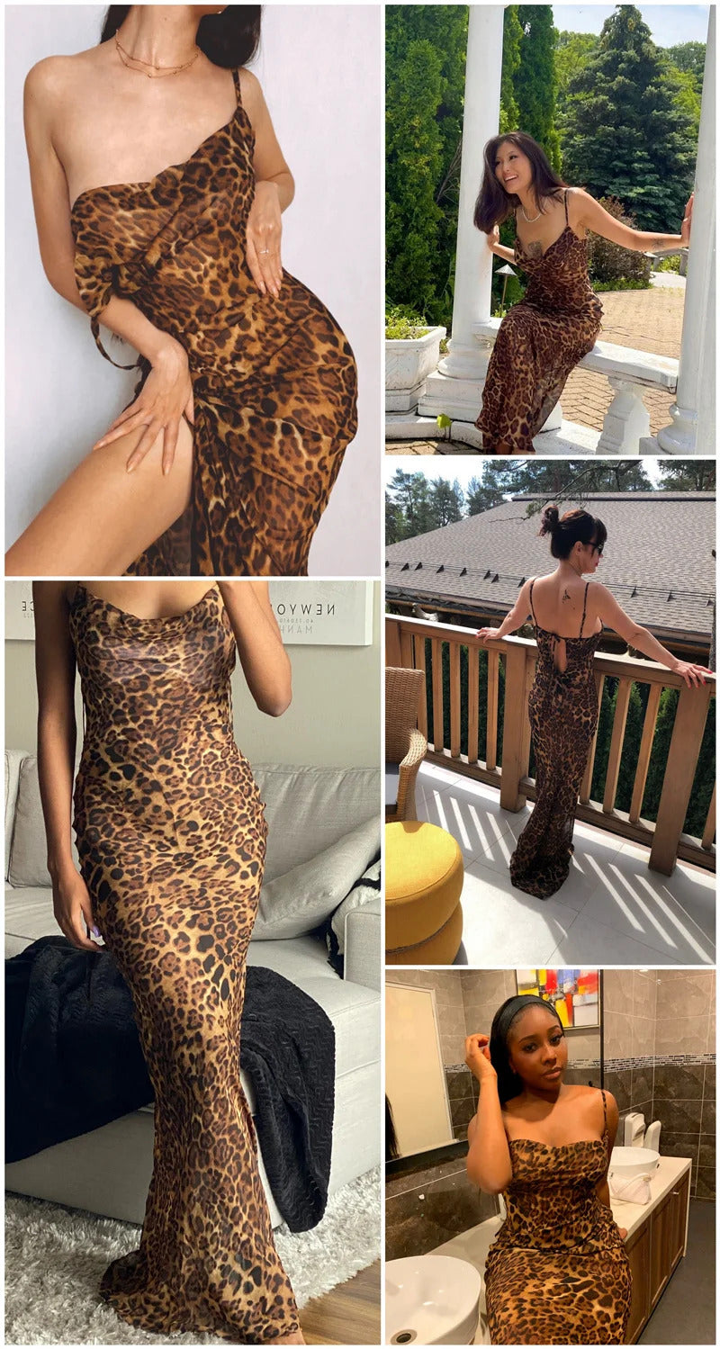 Julissa Mo Leopard Print V-Neck Sexy Bodycon Long Dress Women Lace Up Backless Summer Dresses Female Straps Party Beach Vestidos