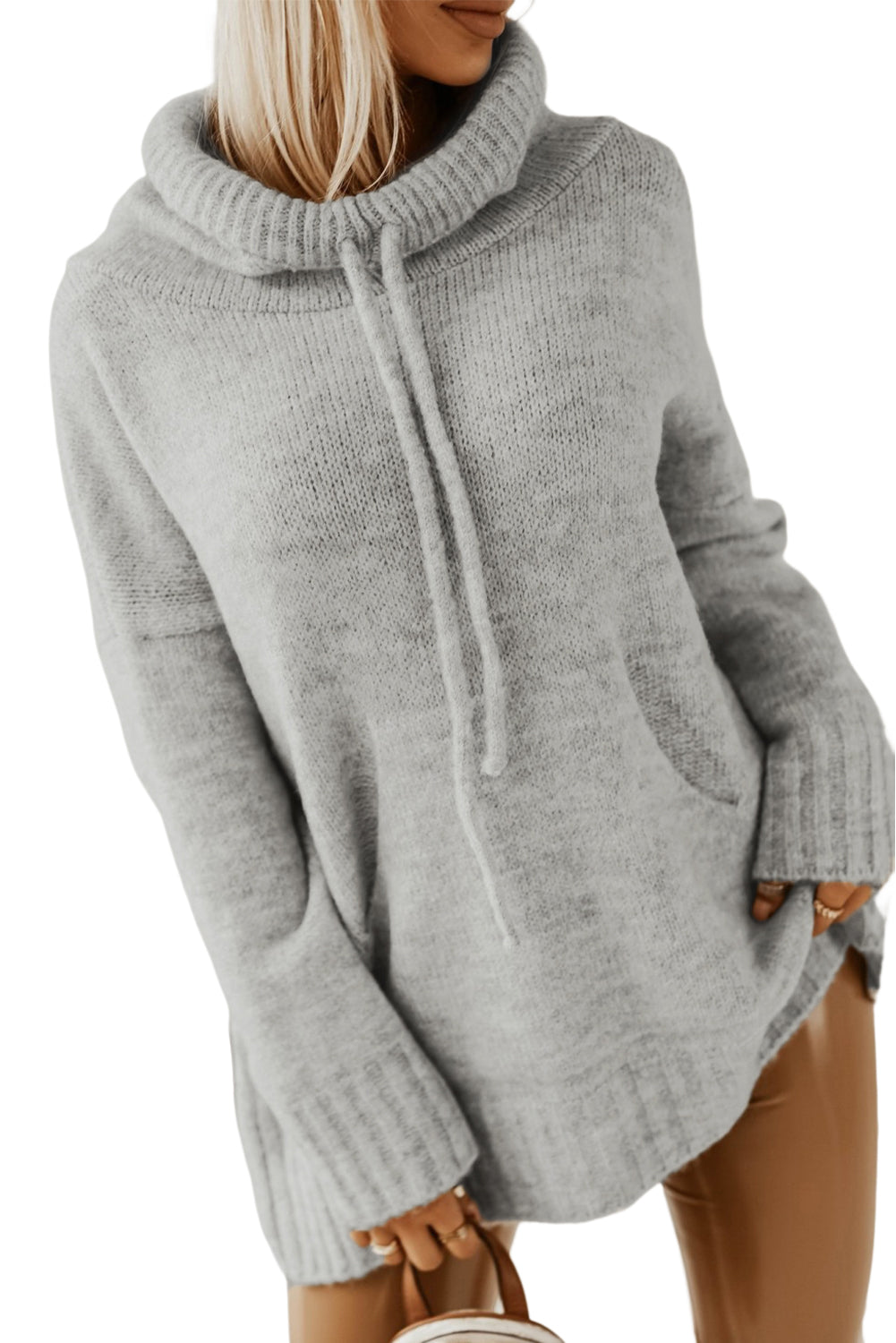 Brown Cowl Neck Drawstring Pullover Hooded Sweater