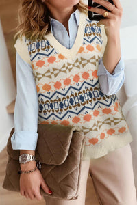 Sky Blue Tribal Print V Neck Knitted Sweater Vest